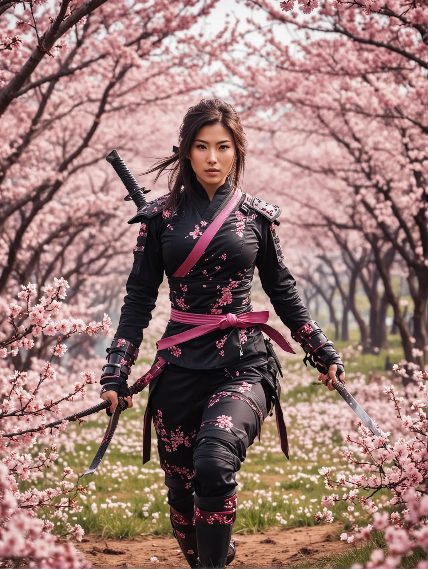 generate a 3840x2160 pixel image for iphone wallpaper of a beautiful female ninja warrior in a cherry blossom field