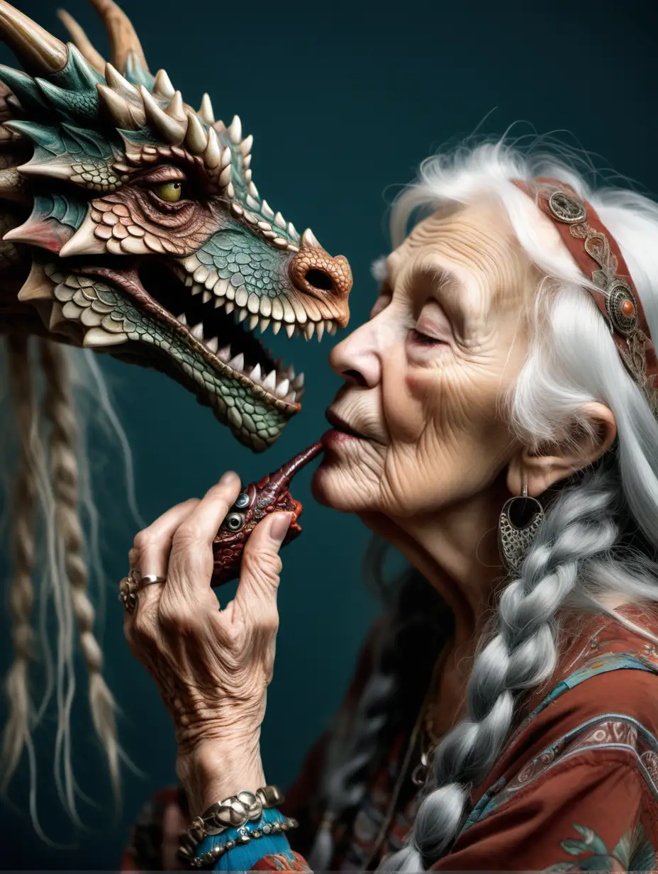 an old lady with long hair,  boho style clothing, kissing a dradon's nose Realistic
