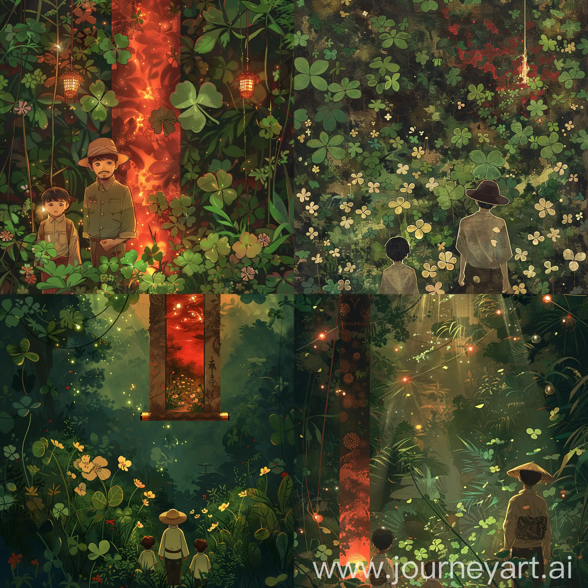 an illustration forest exploration a japan on outdoor hat a man with a 2boys, looking ((clover flowers beam lights))(zoom up), clover flowers fields jungle, in the style of dark gold molten filigree and red, confessional, playful and whimsical designs, notable sense of movement, i can't believe how beautiful this is, high-angle, hanging scroll