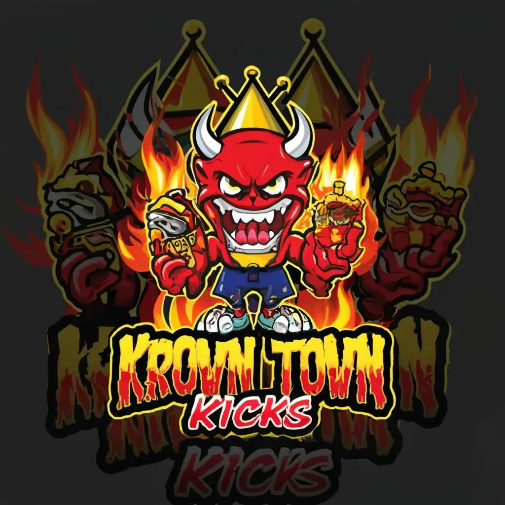 LOGO-Design-for-Krown-Town-Kicks-Fiery-Cartoon-Demon-with-Gold-Crown-and-Jordan-Shoes