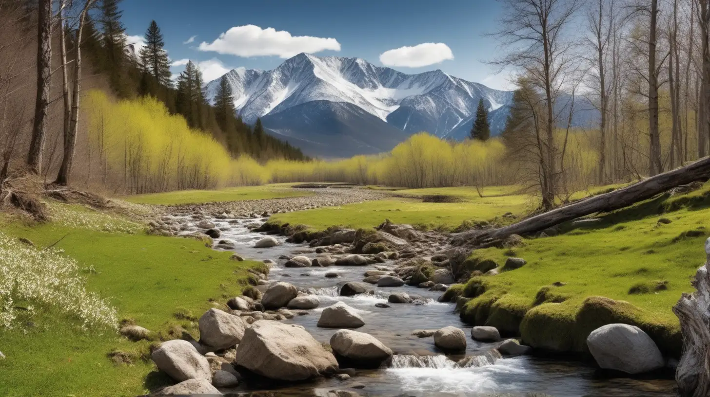 Serene Spring Forest Landscape HighResolution Photography of Rocky Creek and Mountains
