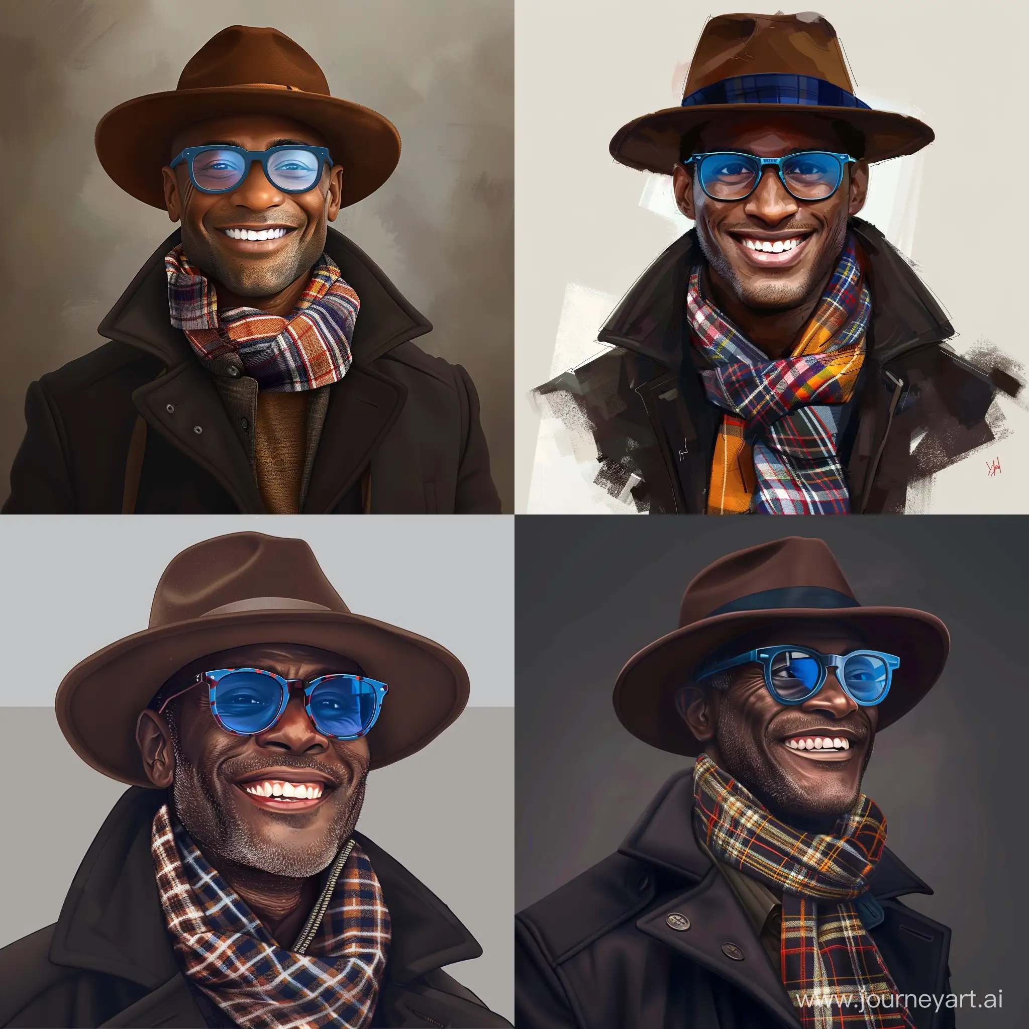 Create a realistic portrait of a man with dark complexion, smiling, wearing a brown hat, blue-tinted glasses, and a black coat with a plaid scarf.