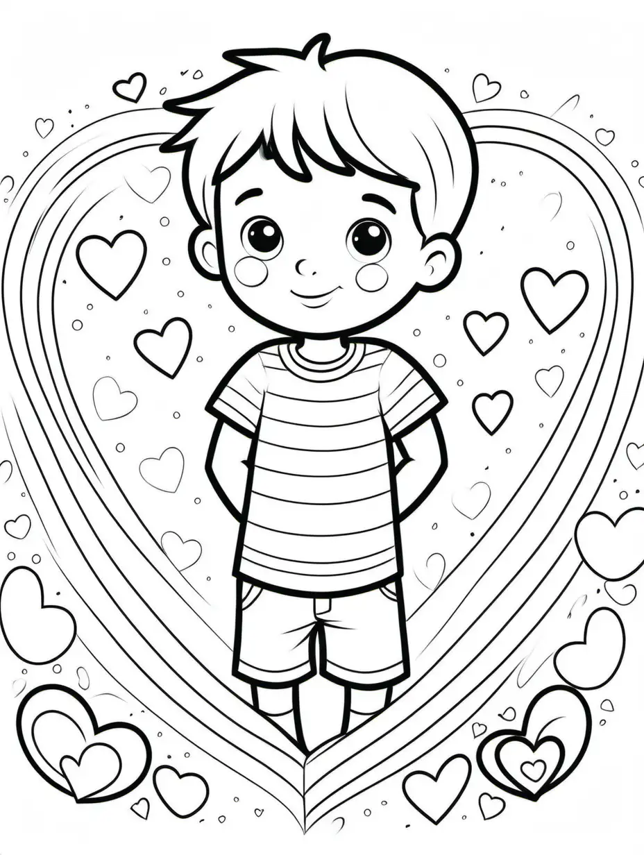 simple black and white line art of dreams for a kids coloring book. little boy with a big heart. with white bakground. easy coloring