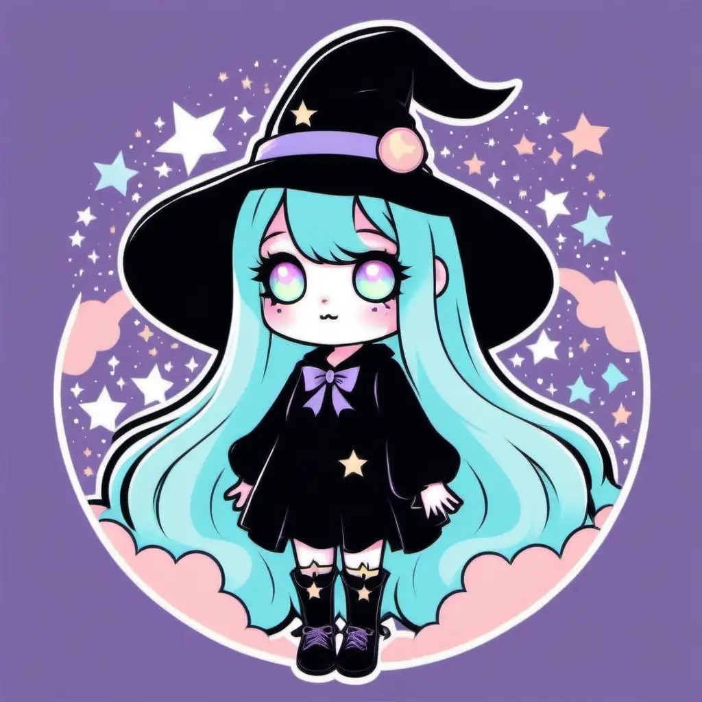 STYLE: flat vector illustration | SUBJECT: witch Spirit | AESTHETIC: pastel goth | COLOR PALLETTE: pastels | IN THE STYLE OF: sanrio, kawaii, chibi, little twin star — niji 5 — s 50