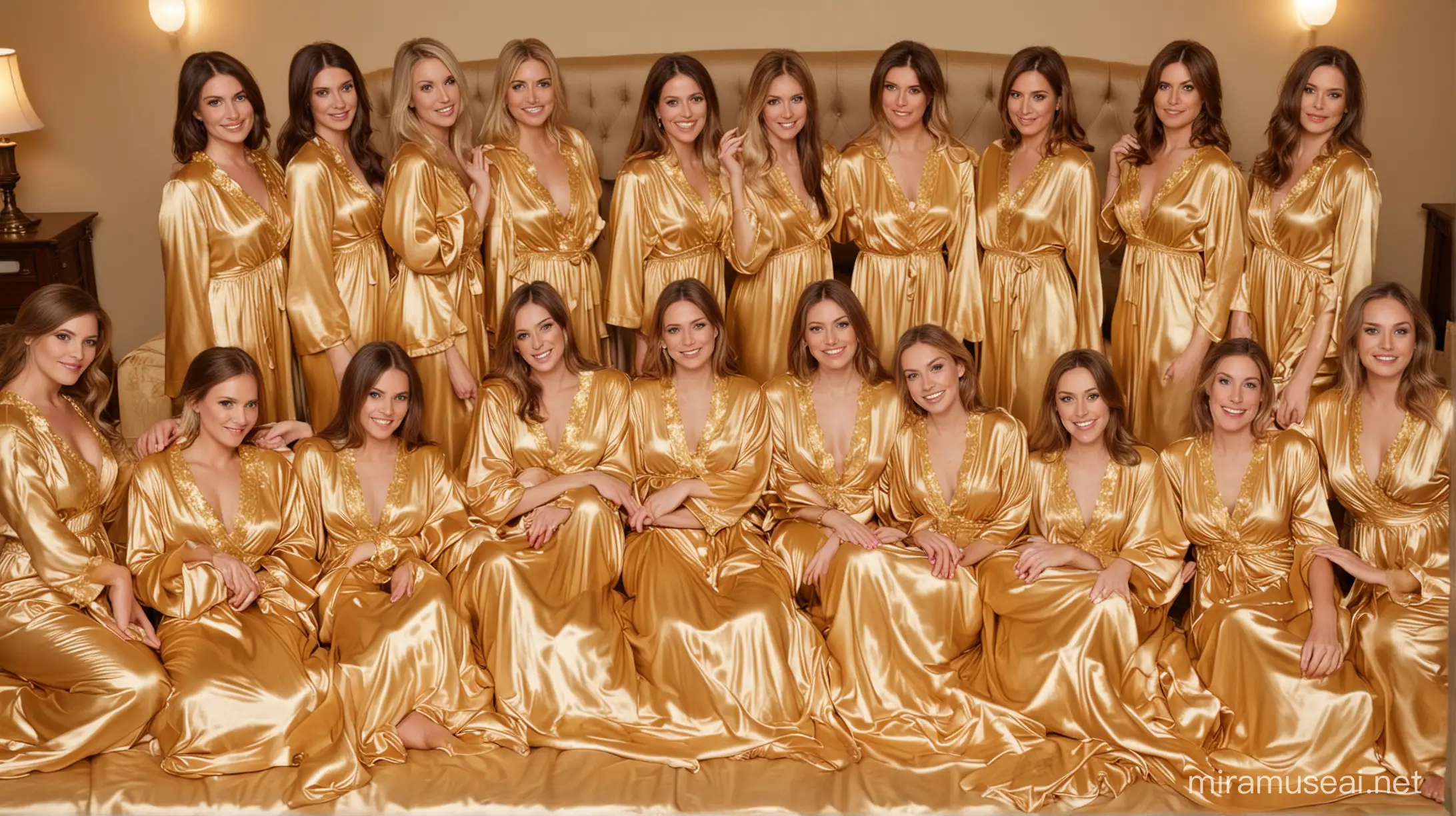 20 women in gold satin nightgowns on satin beds