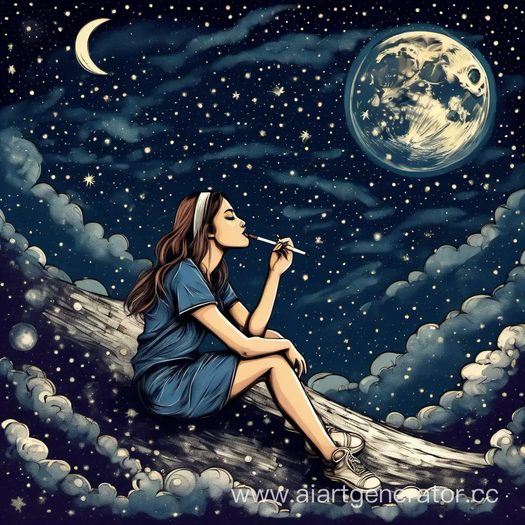 Девушка курит сидя на луне под звездной ночью