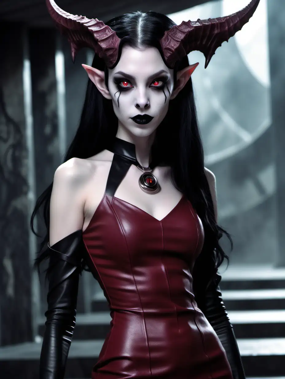 Undead, Pale Pink female tiefling. Cute, young, innocent face.
Long, black hair parted in the middle. Black, symmetrical horns.
She is wearing a Dark red dress. Black lipstick. Shoulders are uncovered.
In a futuristic setting.
Bright red eyes.
She's extremely skinny.