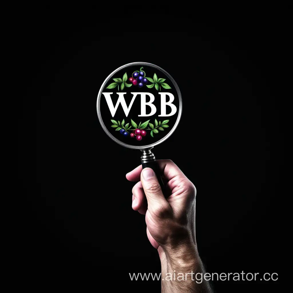 a magnifying glass in the hand of a man on a black background that is aimed at the inscription WB in the style of the company itself the colors of the wildberries company
