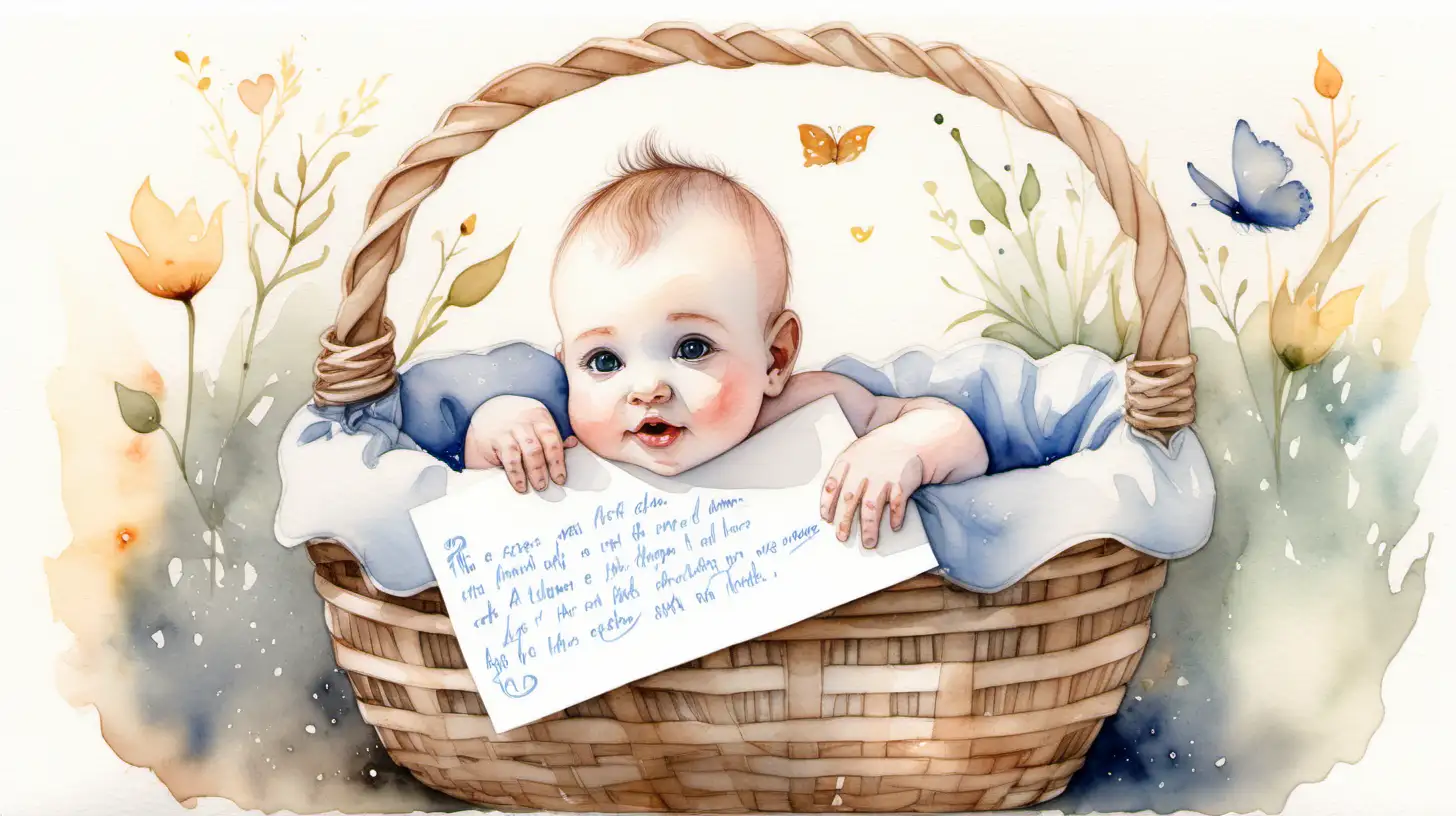 A watercolour fairytale painting of a baby in a basket with a note
