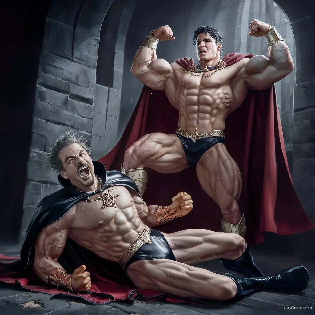 (Realistic Full body inside evil castle) Adrian is the muscular bodybuilder in the world. He is a disgusting and evil king. He has a sinnister and perverse face with yellow teeth. He has long, wet, dark, and greasy hair and a goatee. He is wearing a black latex speedo and a black royal cape. Hes has enormous muscles. He is screaming in rage and humiliation. He is trying to crawl away in defeat from Joakim. 

Standing over Adrian is the beautiful and sexy king Joakim. He is wearing a sexy speedo and cape. He has perfect dark hair and enormous muscles. He is the most muscular and sexy man in the world. Joakim is flexing in victory and glory.