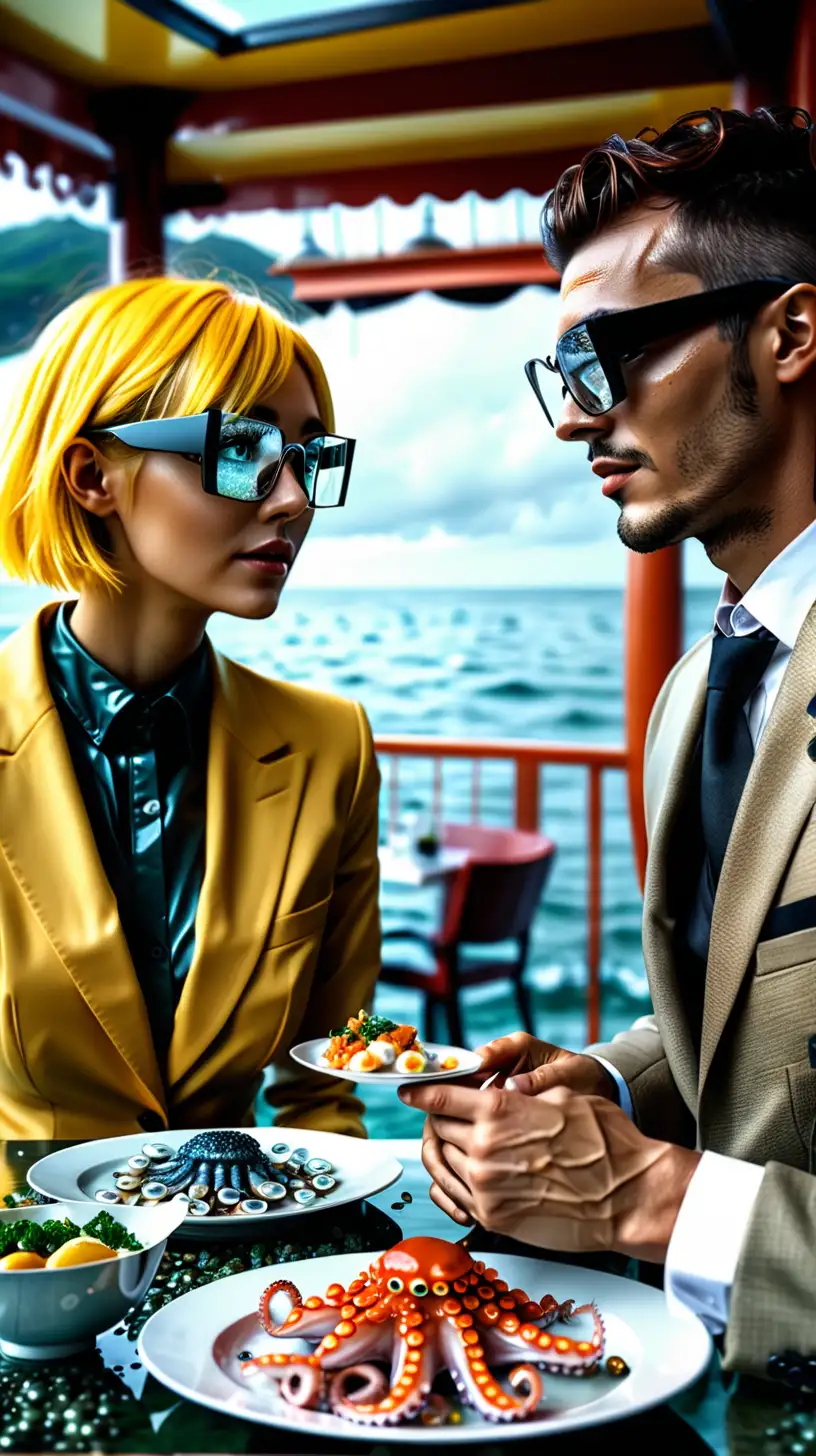 Modern Couple Enjoying Seafood Dinner with Augmented Reality Glasses in Oceanfront Restaurant