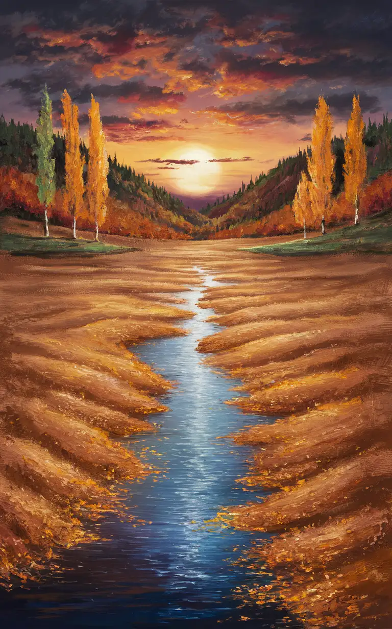 Tranquil Autumn Sunset Serene Plain Divided by a Stream