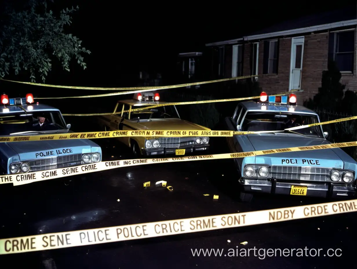 место преступление, ночь, полицейские машины 60-ые, жёлтые ленты, мрачная атмосфера