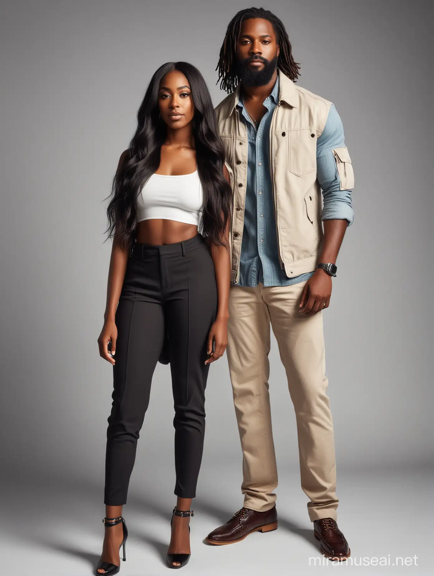 Fashionable Black Couple Standing Together in Stylish Attire