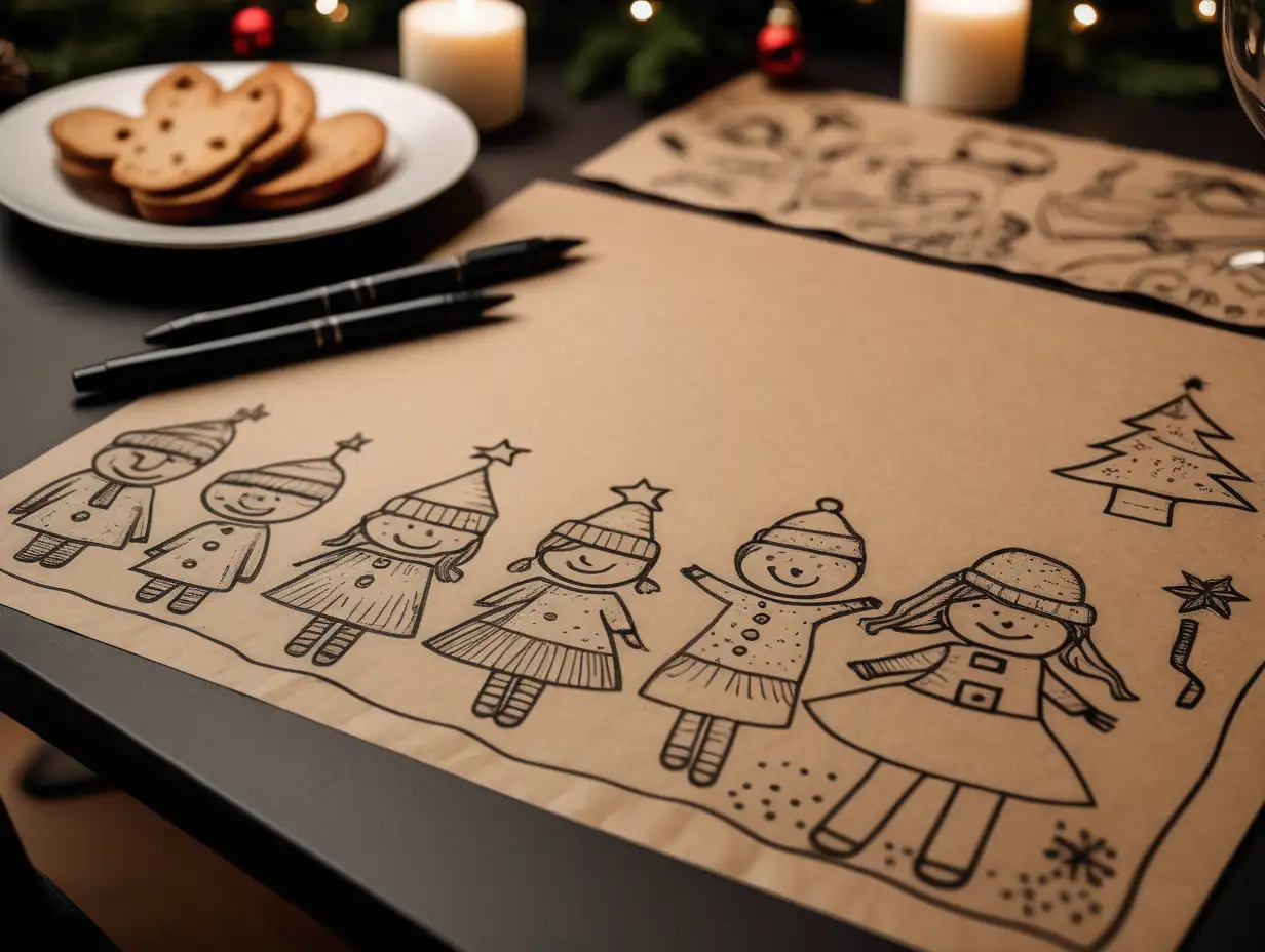 simple, elegant Kraft paper place mats with children's hand drawn Christmas sketches and doodles in black pen. close up angle, moody, neutral and ambient lighting, DSLR photography style