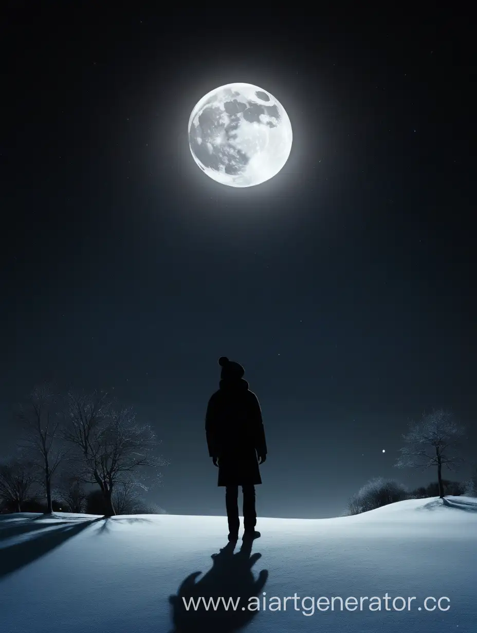 зимняя ночь на небе яркая луна и черный силуэт человека 