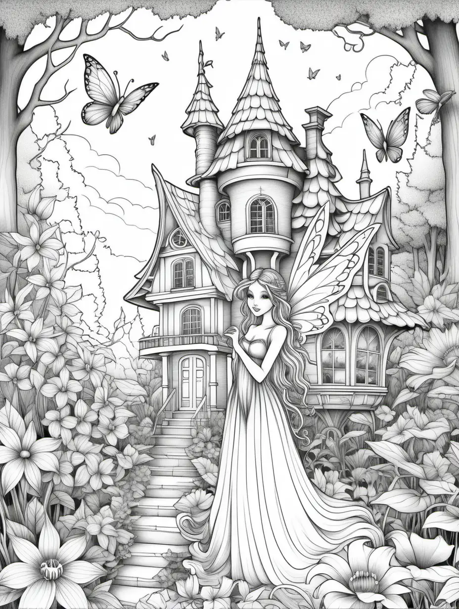 adult coloring book,   fairy,  flowers, high detail, no shading, forest, with house