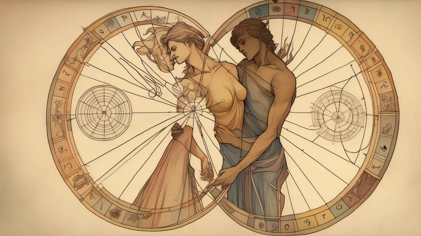 astrological wheel with twin flame, male and female holding eachothers, muted colors, loose lines