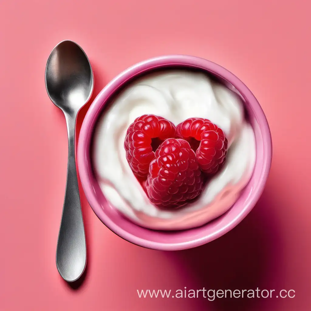 natural yoghurt placed inside of a raspberry with a spoon. The cup has a heart form
