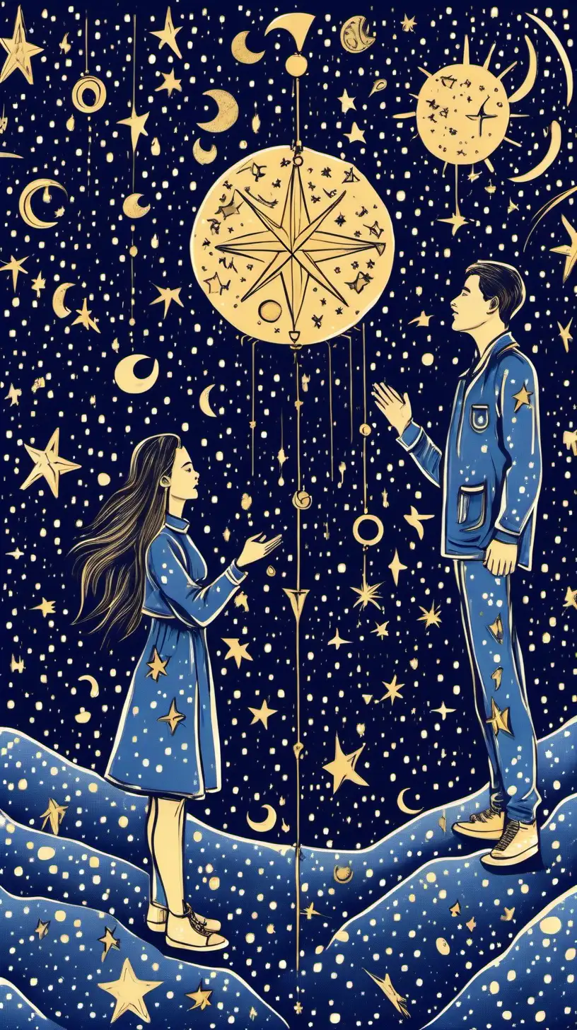 Astrological Influence Starlit Duo Embraced by Celestial Symbols in Navy Blue