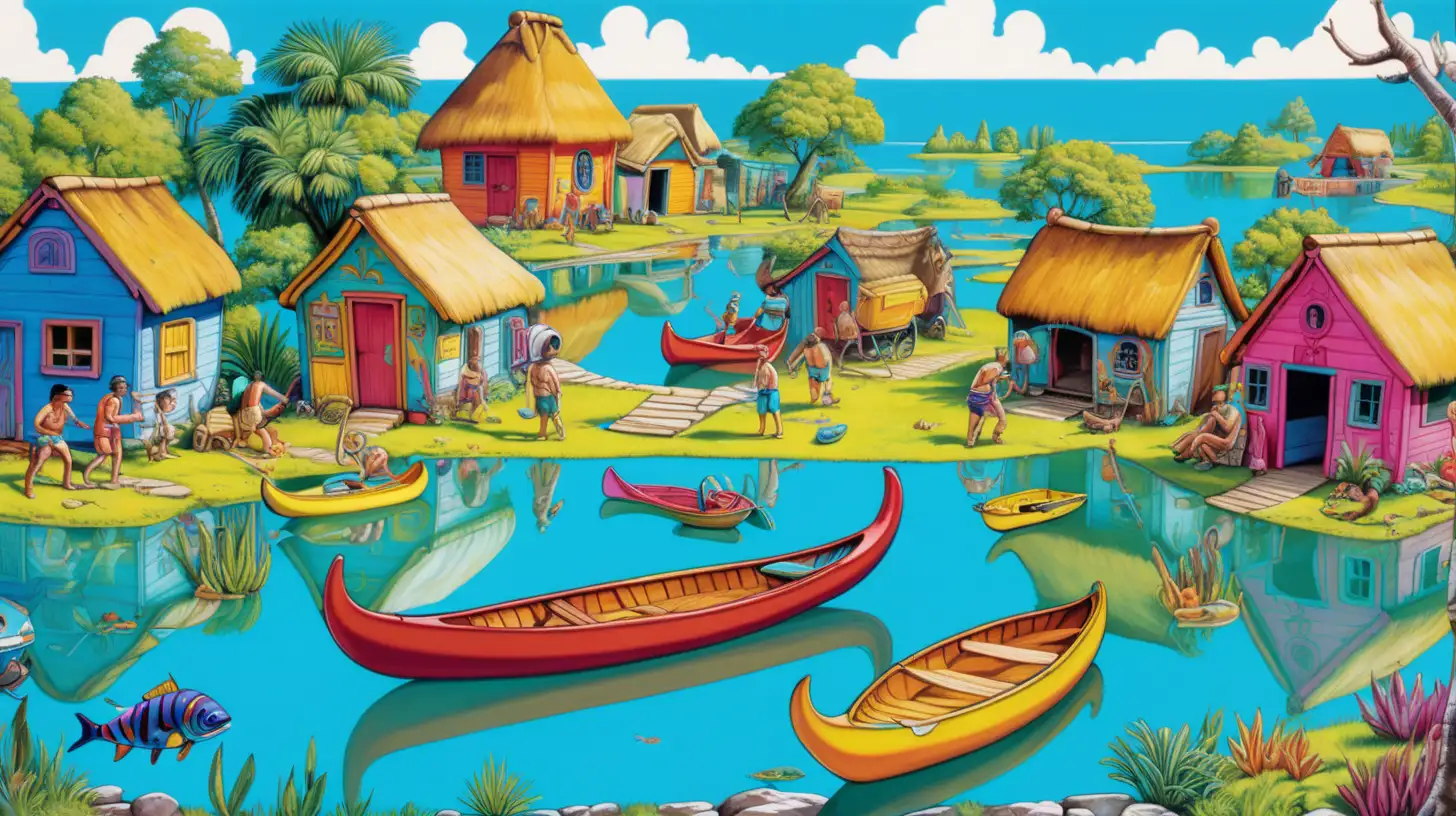 A village in prehistoric times, where everyone lives around a lake of water that gives life to a pop art style rich in color