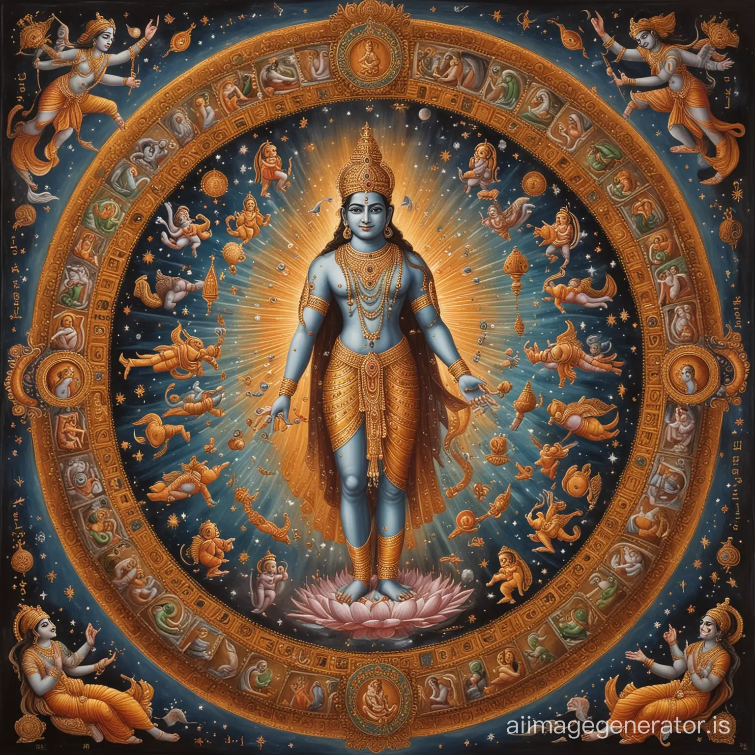 Depict Lord Vishnu in a cosmic form surrounded by divine symbols to capture the essence of the Vishnu Purana.
