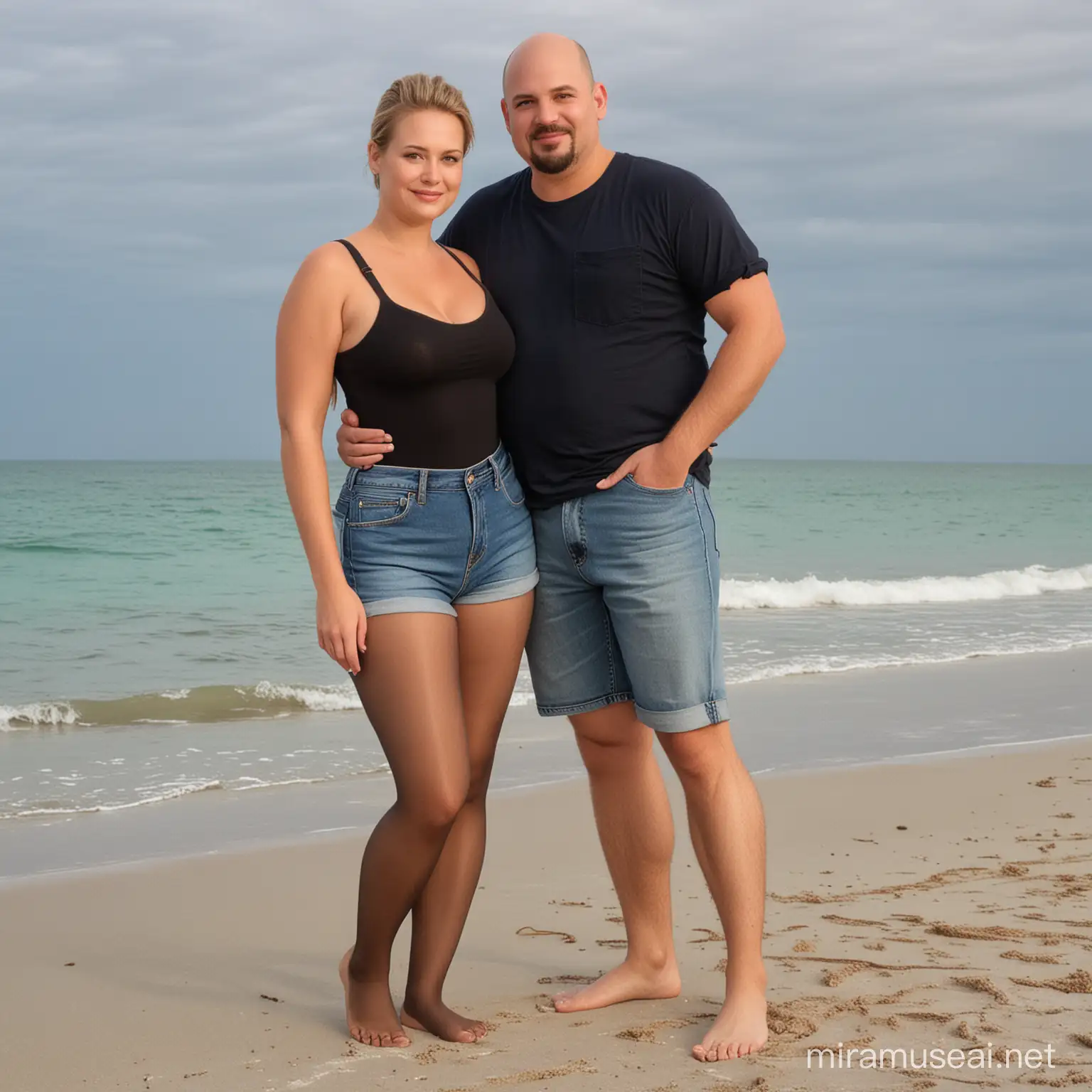 husband and wife on Florida sandy beach, fat chubby husband  35 years old, short, fat, bald, goatee, wearing jeans shorts and black button down shirts, wife 55 years old, shiny brown pantyhose nylon tights, fit, silver hair, shiny brown pantyhose nylon tights, denim blue jean shorts, grey tank top

