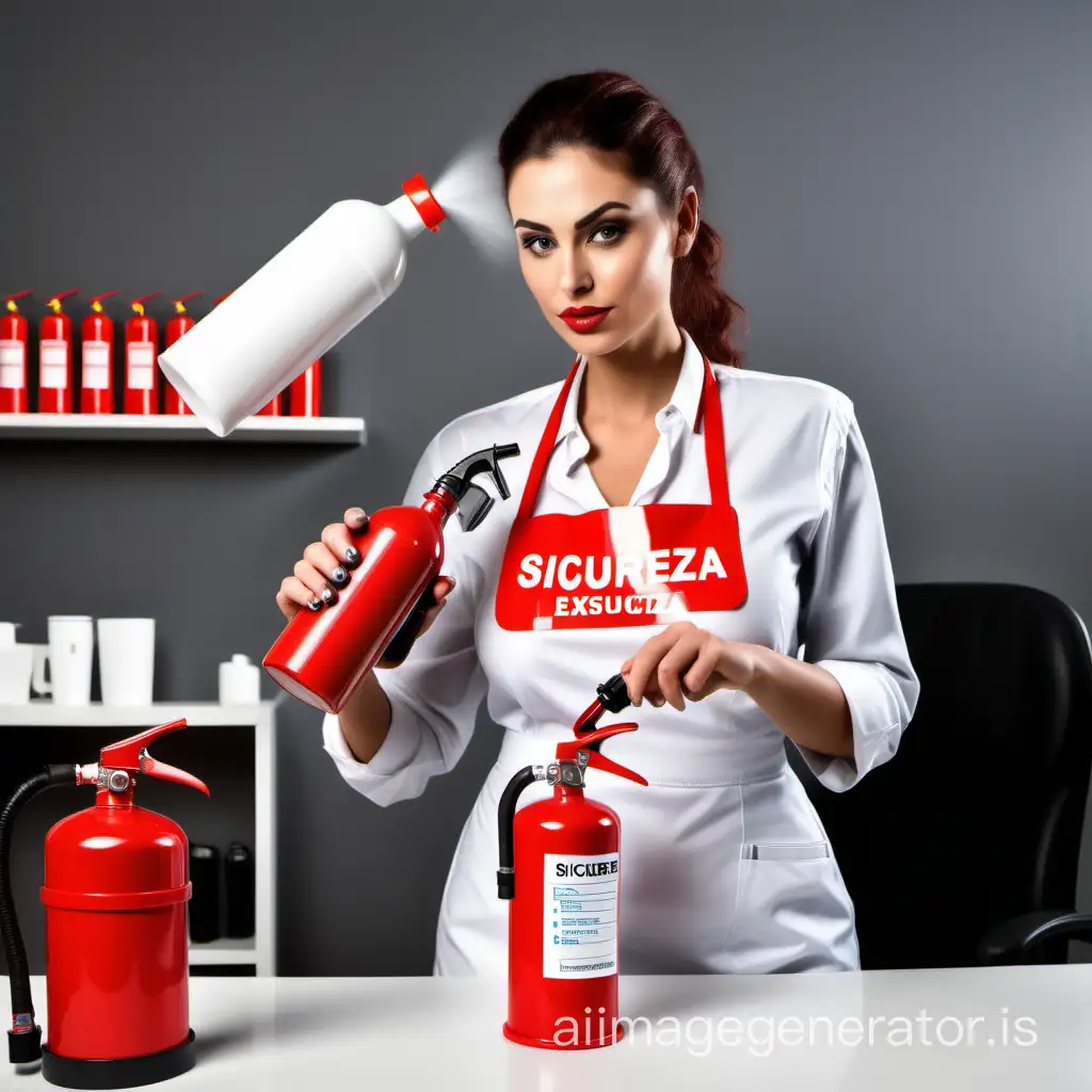 realistic woman at work dressed like a beautician drink water from a cup shaped  at a fire extinguisher with a label saying sicurezza