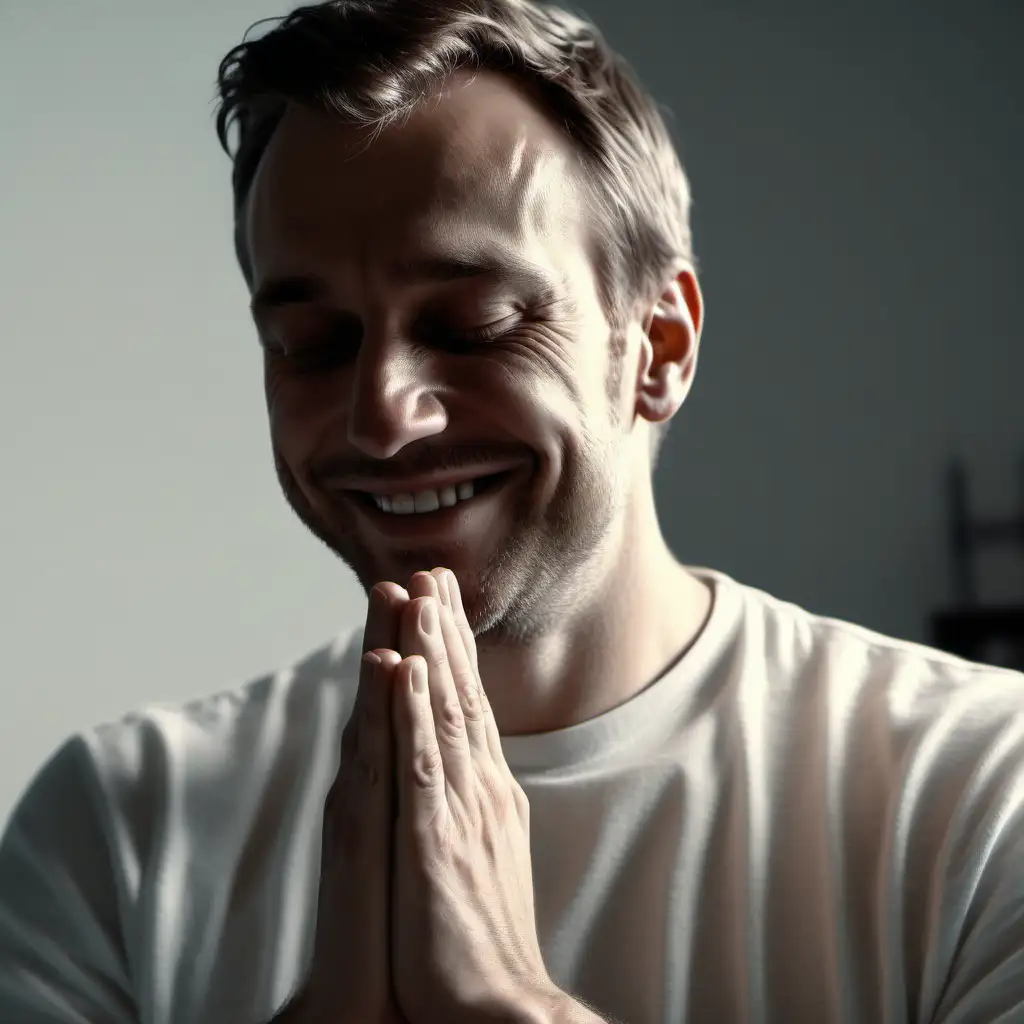 Visualize a powerful scene:White man smilling while praying. warm,HD, 8K