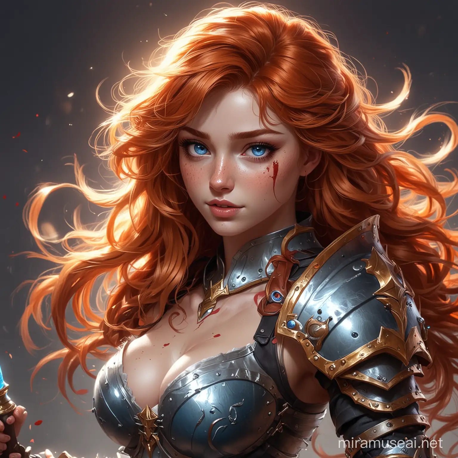 Draw a sexy warrior League of Legends character with ginger wavy hairs, blue eyes, freckles on her cheeks, a lot of bloody scratchs on her face, wears an armor, has thin and long legs and she holds a light ball in her hand