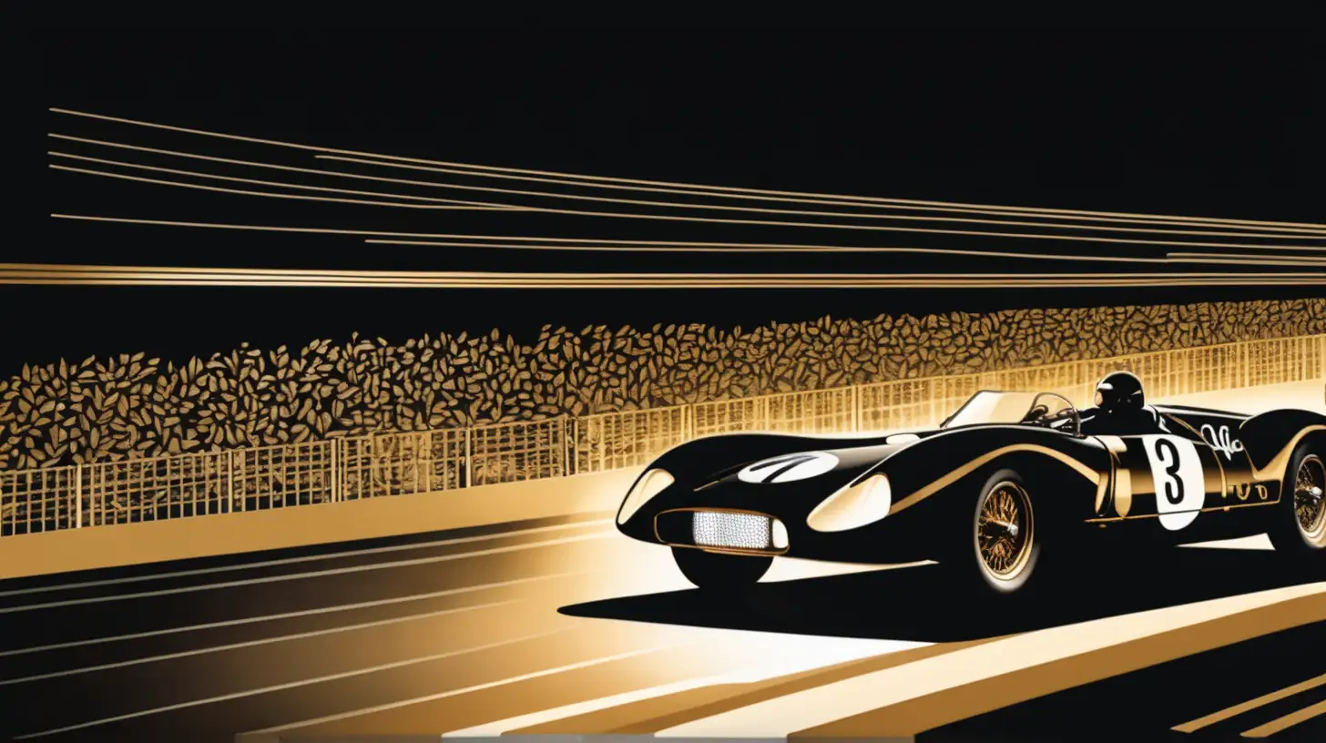 outline of vintage cars racing at Le Mans, in the night, from profile, gold and black