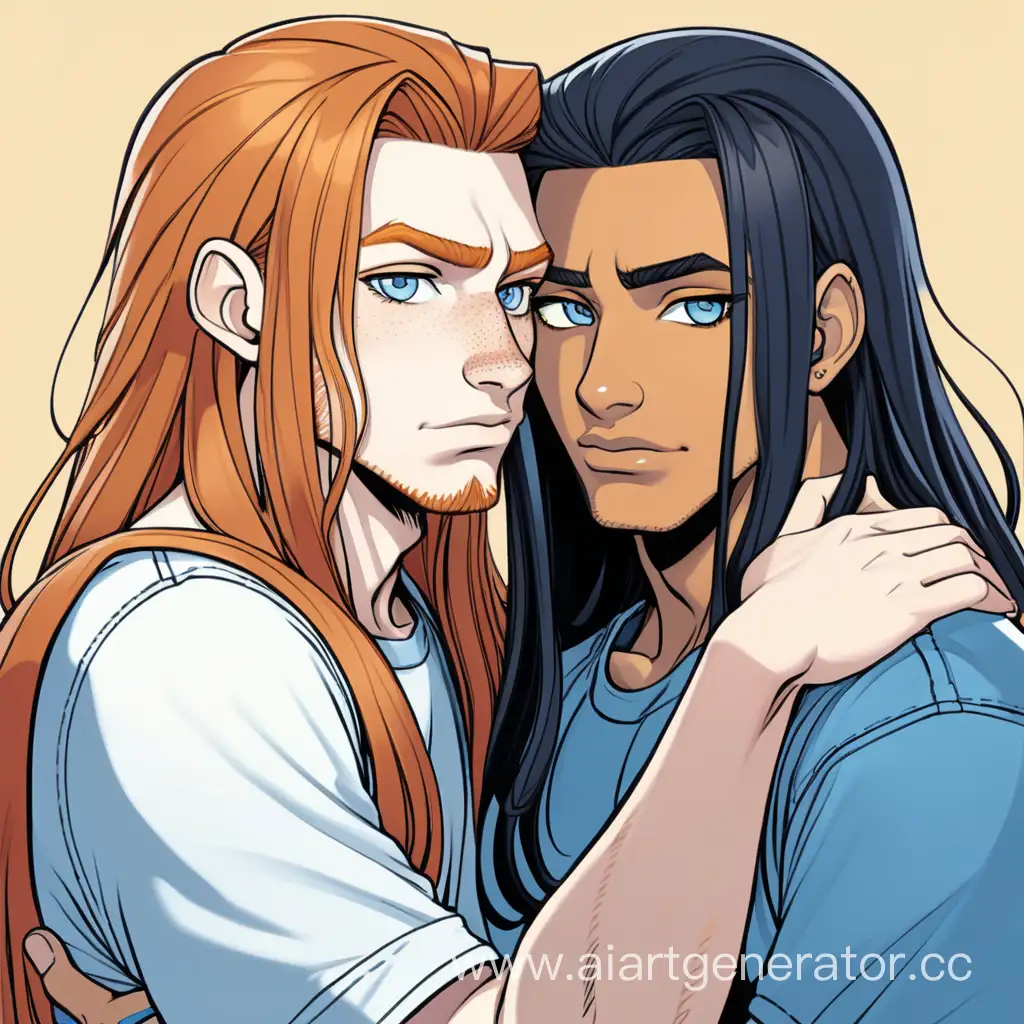young gay couple hugs, first guy with very long ginger hair, yellow eyes, tanned skin and aquiline nose, second guy with long black hair and blue eyes, light skin, comics style
