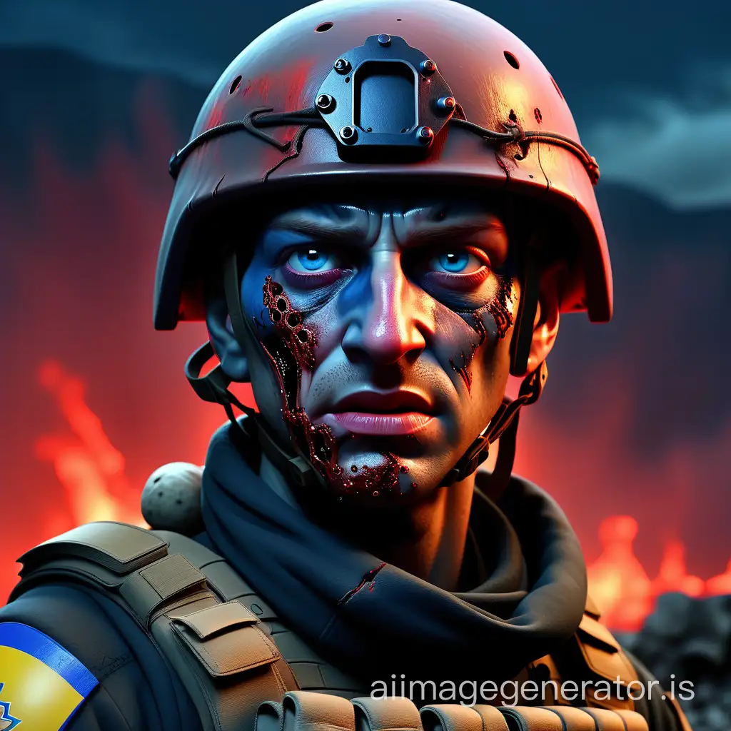 A raw and gripping close-up portrait of a Ukrainian special forces member in an eerie, war-torn landscape, evoking deep emotions of pain and resilience, portrayed through the application of photobashing and matte painting techniques in digital art. The predominant color scheme is stark red, blue, gold and black, illuminated by moonlit digital effects, underscoring the inherent violence. Created by the renowned artist, Adrian Smith, its complexity lies in capturing the essence of the subject's emotions through intricate details.