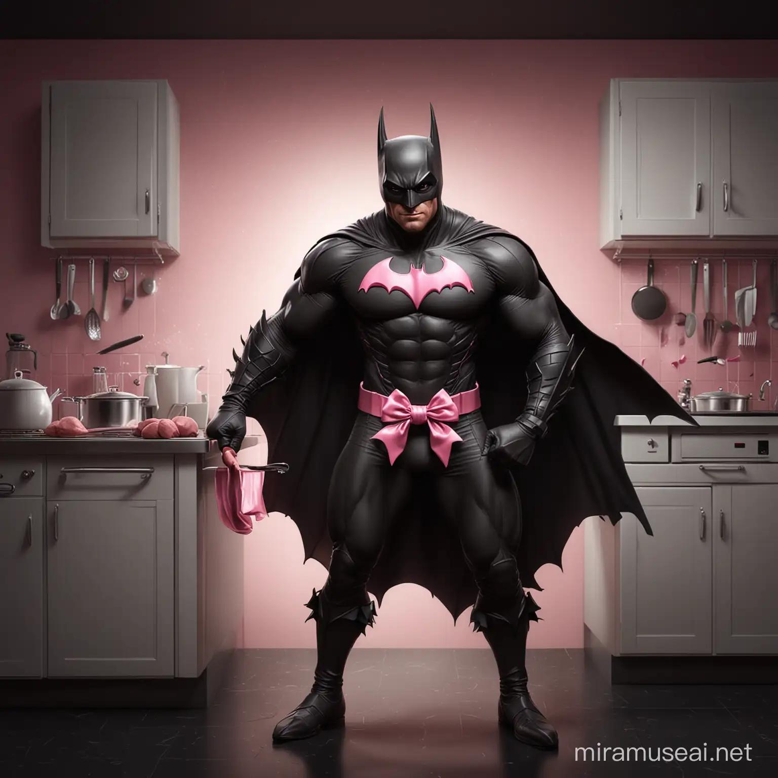 make a realistic bat man character with caricature art style, cooking, unique pose, with a coquette vibe , fierce expression, , high contrast, full body, in a kitchen cooking with a pink bow make it cute and with a black background
BAT MAN MAN 
