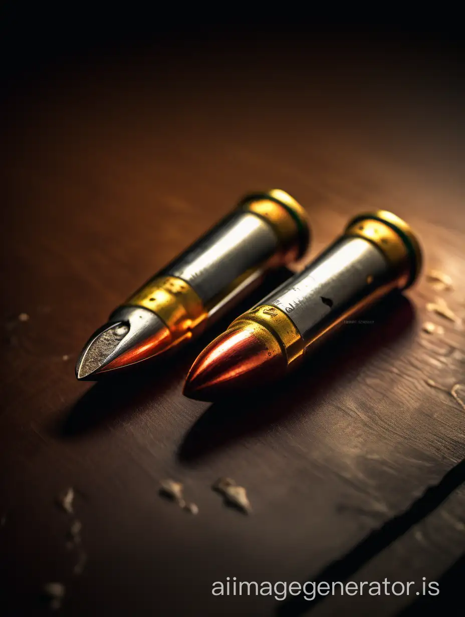 12 gauge bullets positioned in the table, dramatic lighting, 35 mm f 2 lens shot, photo realistic, high detail, depth of field
