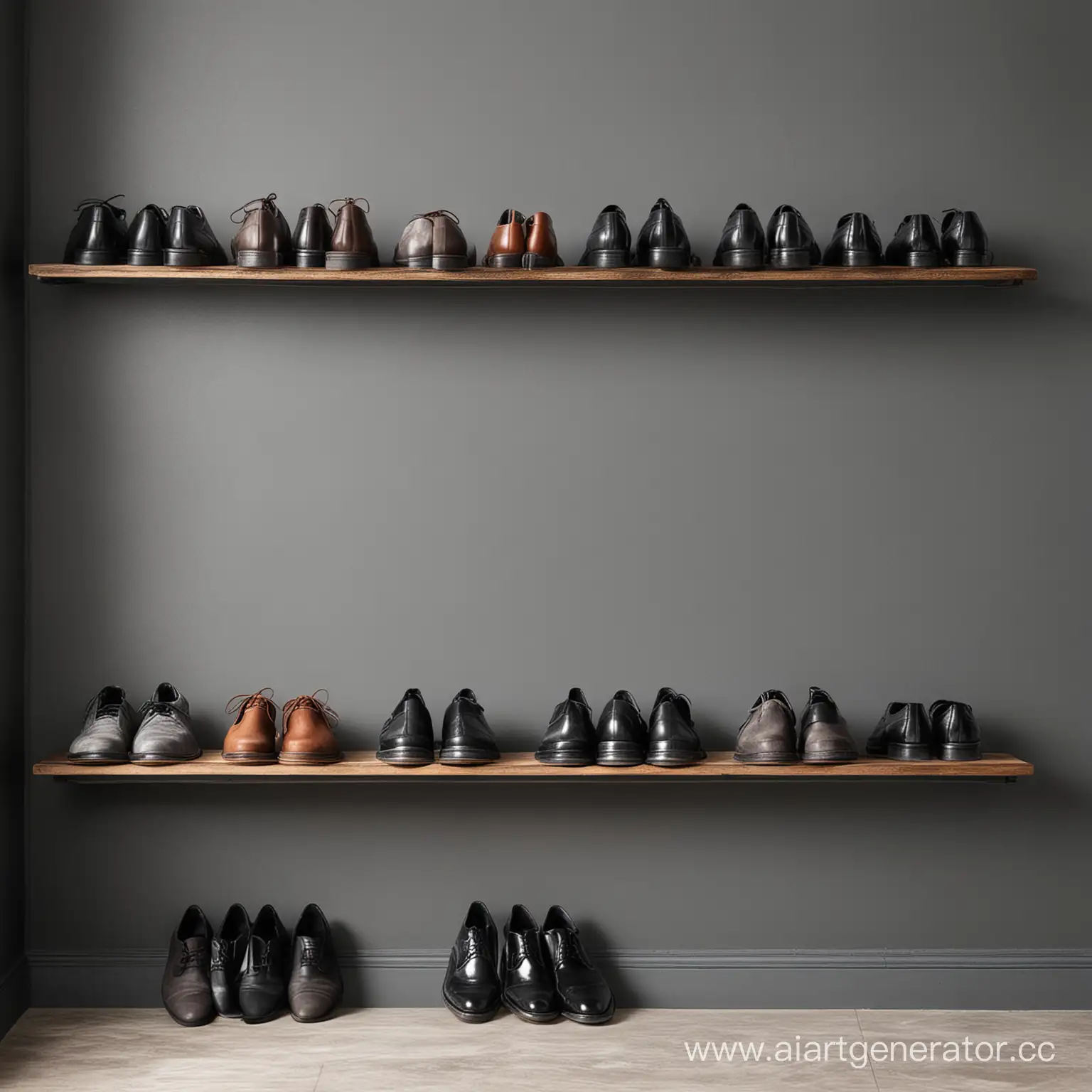 Mens-Leather-Shoes-Displayed-on-Gray-Wall-Shelves