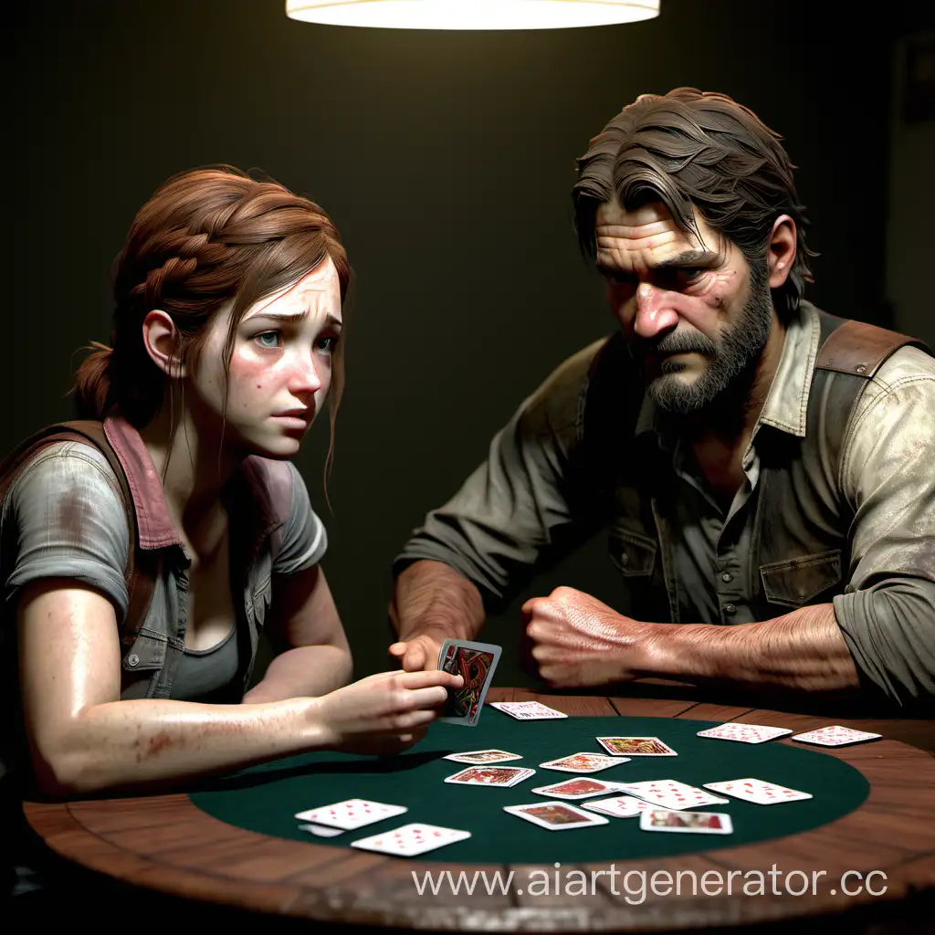 ellie and joel from the last of us sitting at a table playing cards. Ellie is cheating