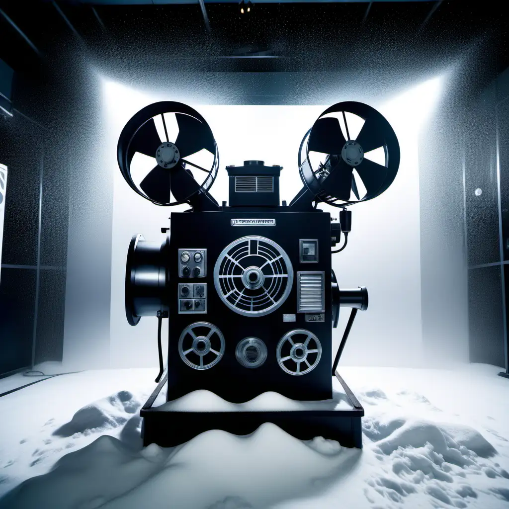 A generator that also appears to look like a film projector, muscular, company logo, professional, intense, dramatic, inside a projection booth background, covered in snow, more of a logo