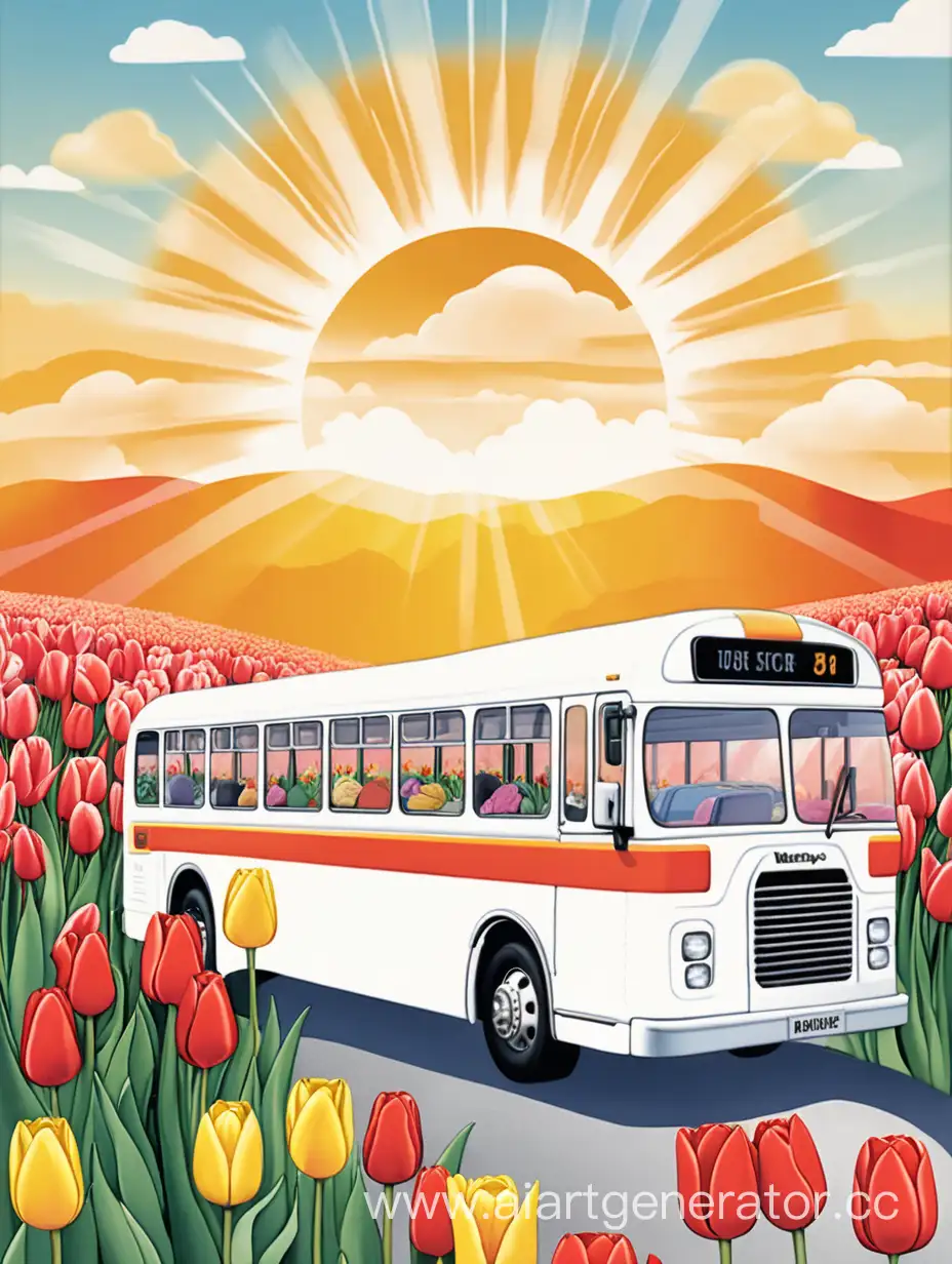 Открытка с 8 Марта, на ней изображён туристический автобус, тюльпаны, яркое солнце.