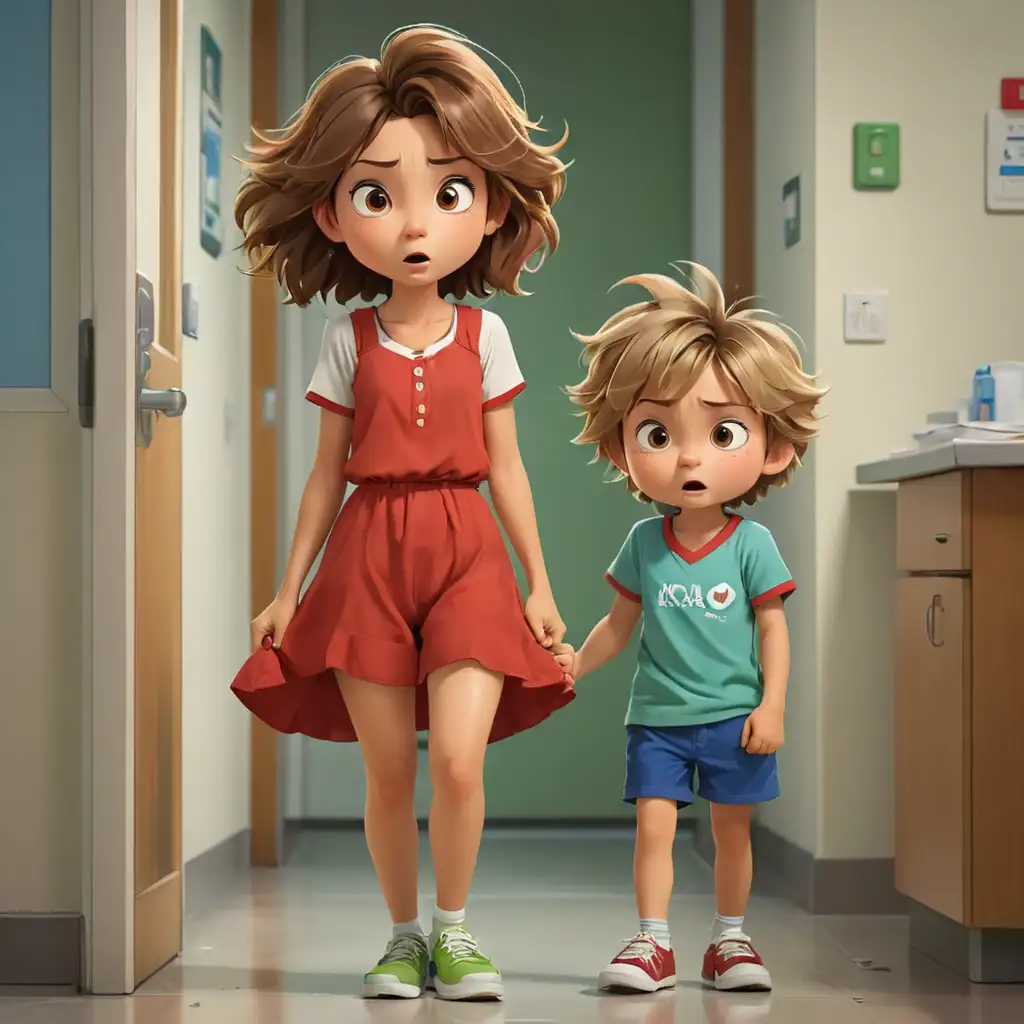 35 -year -old woman character , brown messy hair, dressed in red dress  and cute 5 year old boy, blue- green shorts, green rubbers with white laces, blond-brown messy hair,   ,flat color, in the style of chibi, mother and her child leave the door,  hospital background, multiple poses and expressions, detailed - iar 16:9