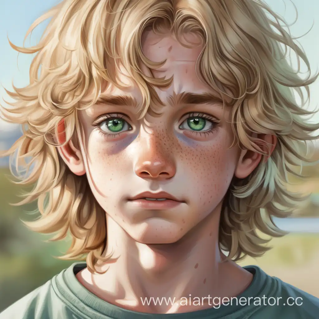 Мальчик 13 лет с русыми волосами волнистые по плечи глаз бледно-зелёные . небольшой шрам на нижней губе с левой стороны. Веснушки на носу