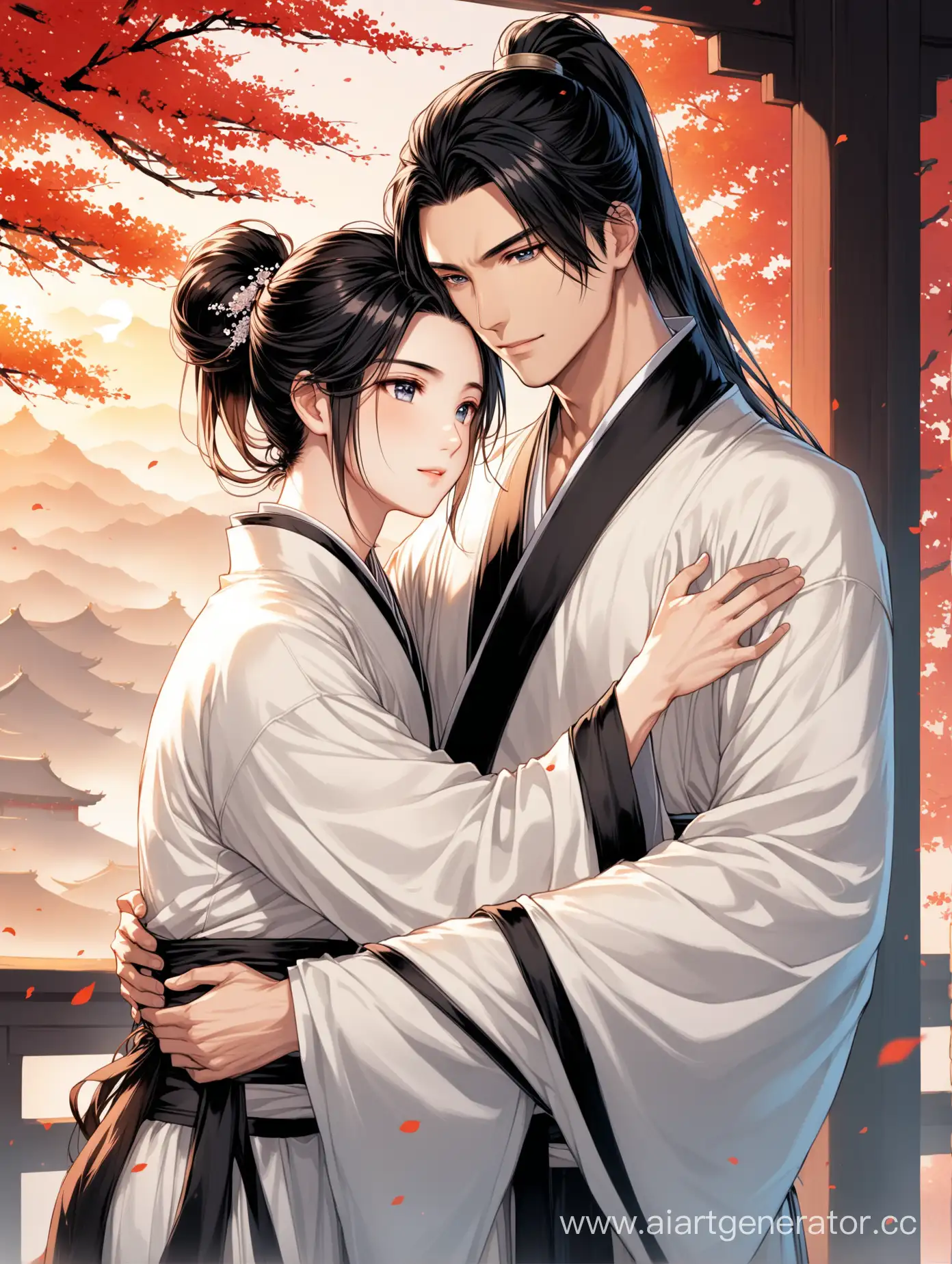 Two men in white and black hanfu, long dark high ponytail hair, beautiful eyes, hug, beautiful background, chinese novel, hd