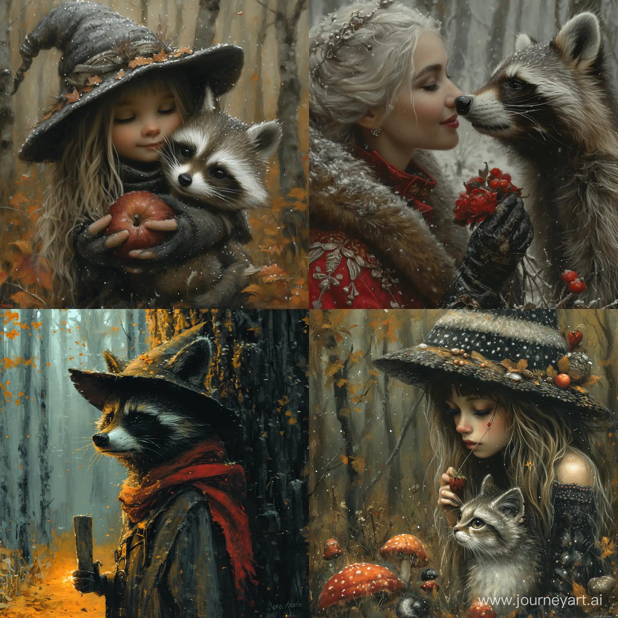 Illustration::1.2, an adult fairy tale about an evil old witch and a magical raccoon, --s 600 --v 6