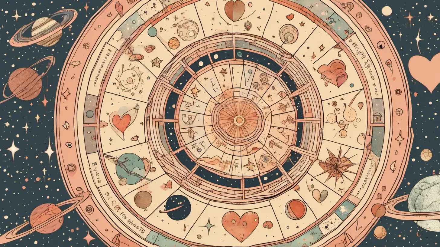 astrological wheel, space, love, cute, relationships, , loose lines, muted color palette, reneissance items