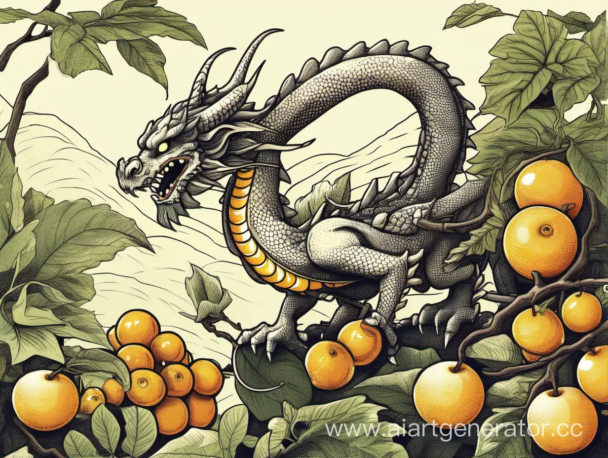 Illustration: dragon picking fruits