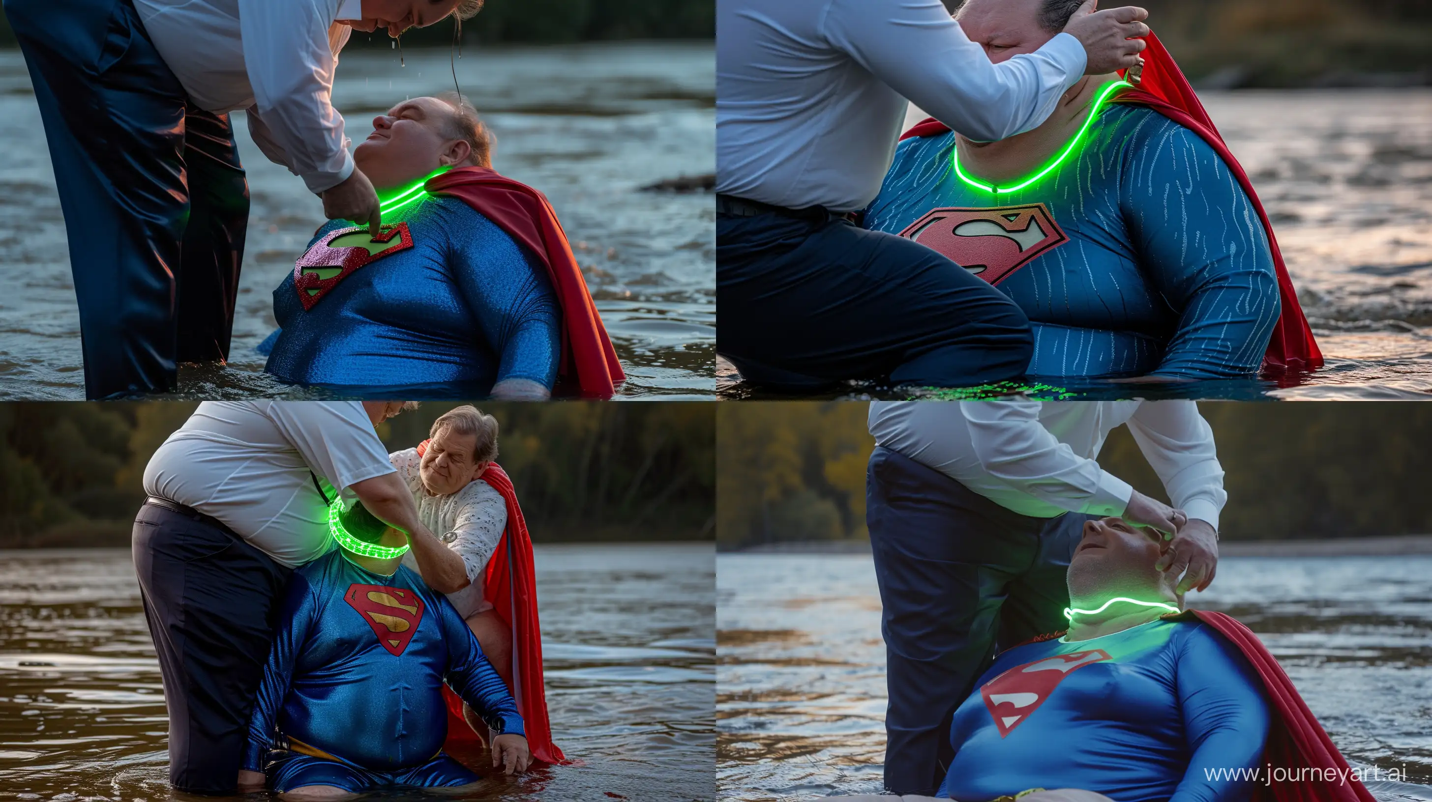 Close-up photo of a fat man wearing silk navy business pants and a white shirt. Bending and putting a tight green glowing neon dog collar on the nape of a fat man aged 60 wearing a tight blue superman costume with a red cape sitting in the water. River. --style raw --ar 16:9