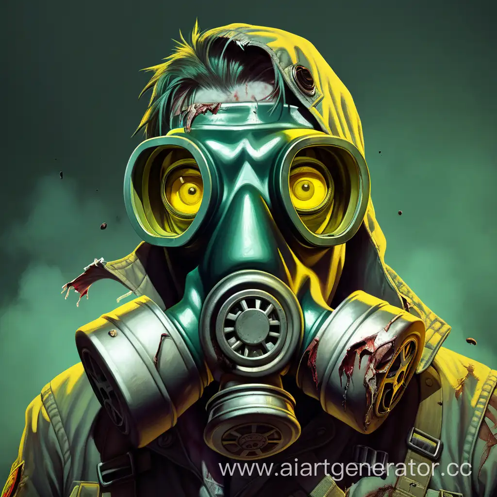 A zombie in a broken gas mask with a yellow shining eye