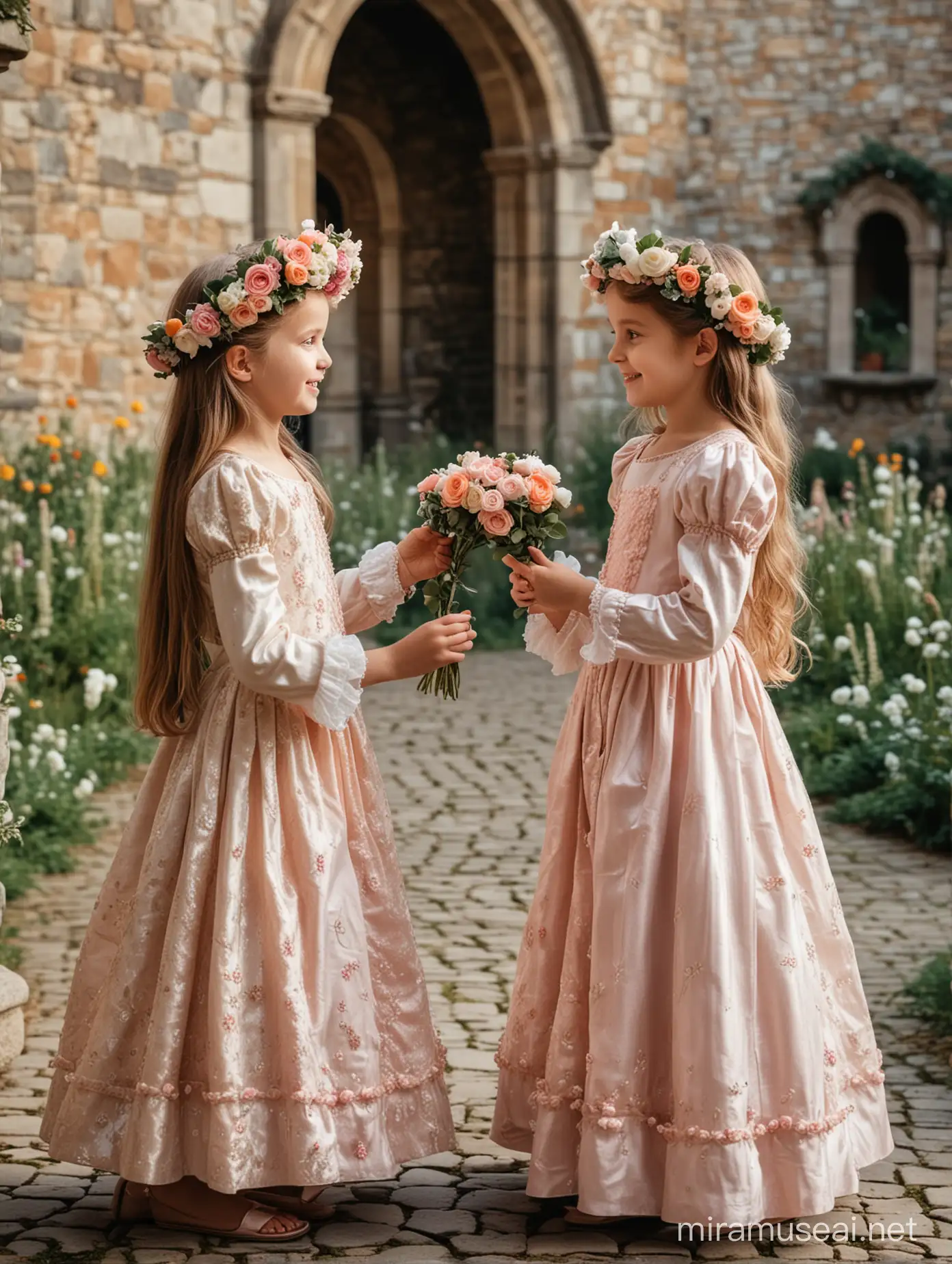 Две девочки, семь лет, одеты в пышные платья, венки из цветов на голове, стоят на фоне сказочного замка, смотрят друг на друга, держат в руке маленького цветочного человечка