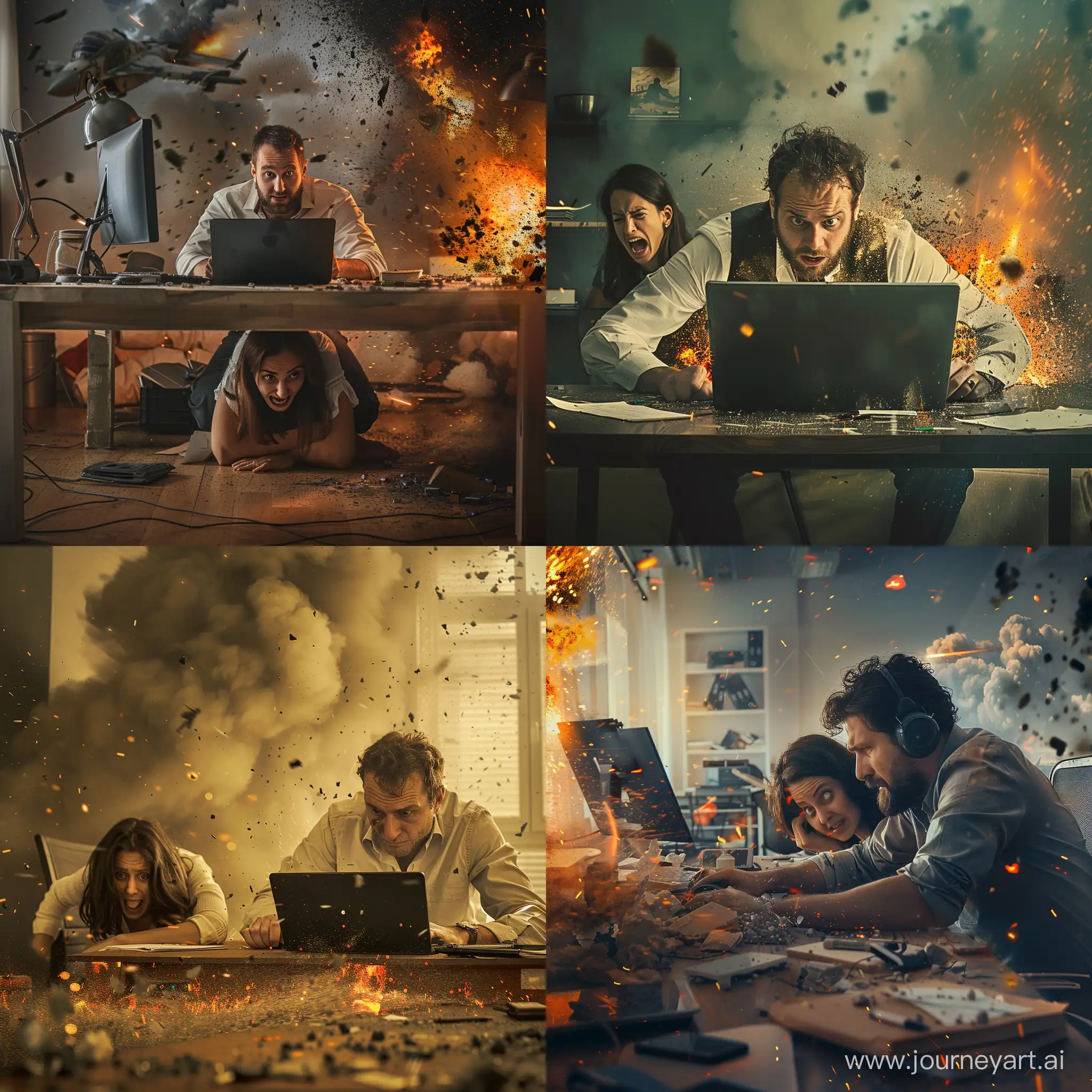 a software engineer working during an intense war battle, while his wife is cowering under the table in fear