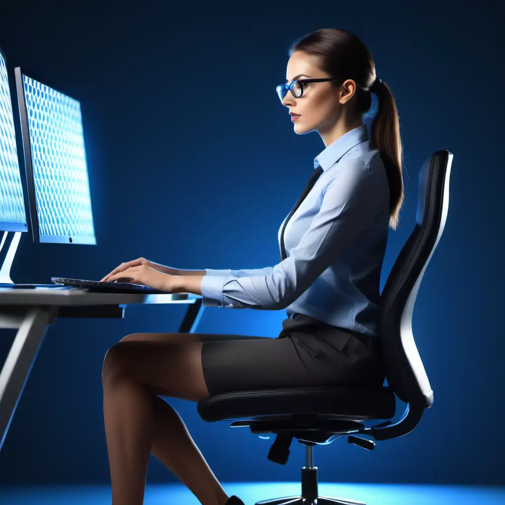 Professional Woman in Business Casual Attire Working on Computer with Ergonomic Setup and Abstract Background